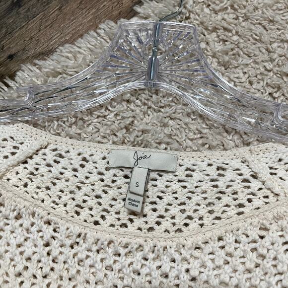 Joie Size Small Oversized Cream 3/4 Sleeve Fringe Hem Open Knit Pullover Sweater - Picture 3 of 5